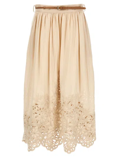 Zimmermann Wylie Embroidered Midi Skirt In Beige