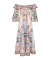 Zimmermann Wylie Off-the-shoulder Belted Floral-print Linen Midi Dress In Gray