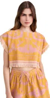 Zimmermann Wylie Cropped Frayed Cotton-terry Jacquard Top In Mustard/pink