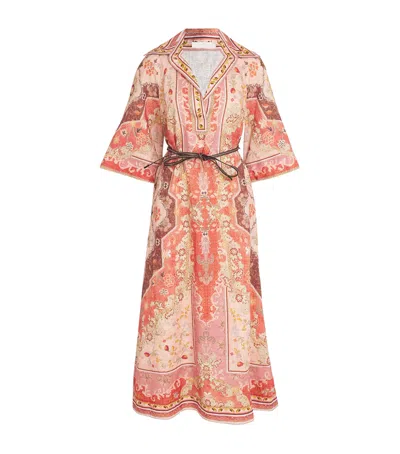 Zimmermann Wylie Belted Printed Linen Midi Dress In Rot