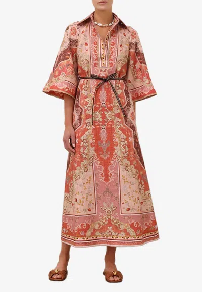 Zimmermann Wylie Belted Printed Linen Midi Dress In Rot