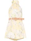 Zimmermann Acacia Belted Floral-print Linen Halterneck Playsuit In Yellow