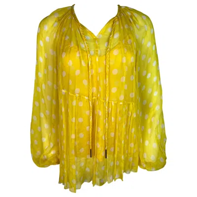 Pre-owned Zimmermann Yellow & White Silk Polka Dot Blouse Top, Size 2