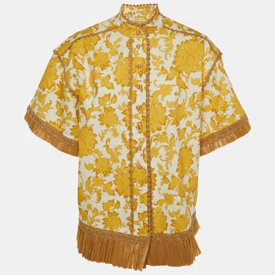 Pre-owned Zimmermann Yellow Floral Print Cotton Postcard Fringed Shirt S