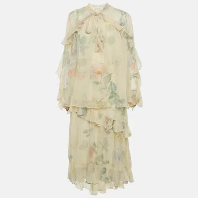 Pre-owned Zimmermann Yellow Floral Print Frill Detail Crepe Top & Skirt Set L