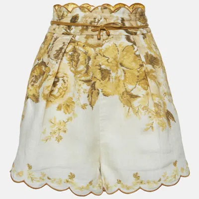 Pre-owned Zimmermann Yellow Floral Print Linen Aliane Scallop Shorts M