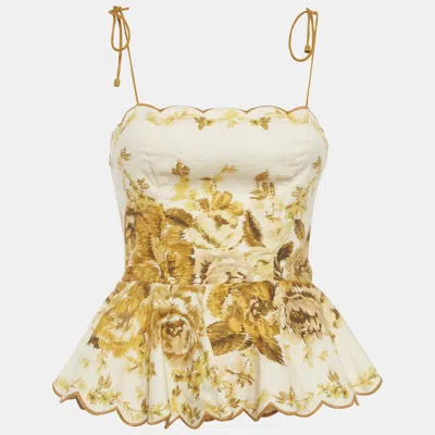 Pre-owned Zimmermann Yellow Printed Cotton Peplum Top S In White