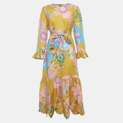 Pre-owned Zimmermann Yellow Printed Linen Teddy Gathered Midi Dress L