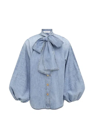 Zimmermann Zim Indra Denim Tie Neck Blouse Skylark In Blue