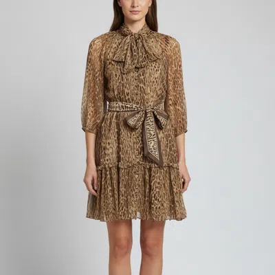 Pre-owned Zimmermann Zimmerman Beige/brown Leopard Print Silk Chiffon Belted Mini Dress M In Sand