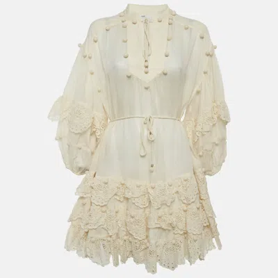 Pre-owned Zimmermann Zimmerman Cream Cotton Broderie Anglaise Lyre Mini Dress M In White