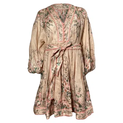 Zimmermann Zimmerman Moonshine Puff-sleeves Belted Mini Dress In Pastel Pink Linen
