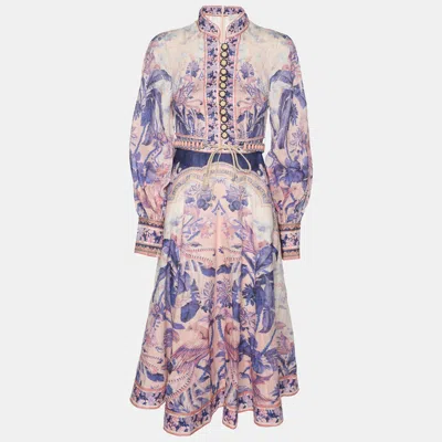Pre-owned Zimmermann Zimmerman Multicolor Linen Lyre Billow Sleeve Midi Dress Xs