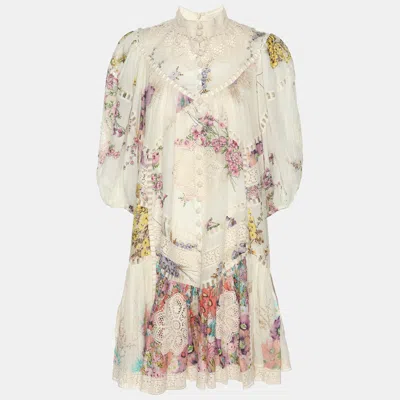 Pre-owned Zimmermann Zimmerman Multicolor Printed Ramie Jude Spliced Trim Mini Dress S