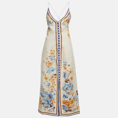 Pre-owned Zimmermann Zimmerman Off White Floral Print Linen Halcyon Slip Dress M