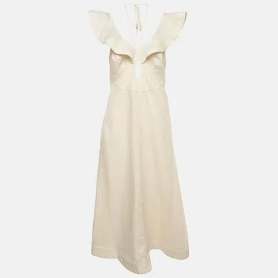 Pre-owned Zimmermann Zimmerman Off White Linen Halcyon Flutter Midi Dress L