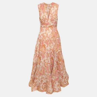 Pre-owned Zimmermann Zimmerman Pink Multicolor Floral Print Postcard Pleated Organza Midi Dress Xs