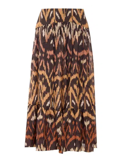 Zimmermann Aster Ikat Print Tiered Silk Skirt In Brown