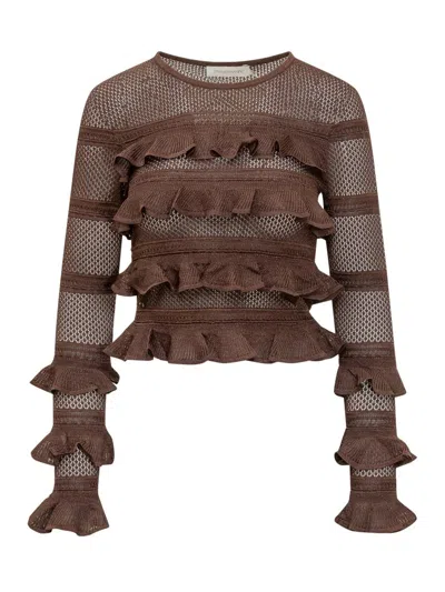 Zimmermann Knit Top With Ruffles In Brown