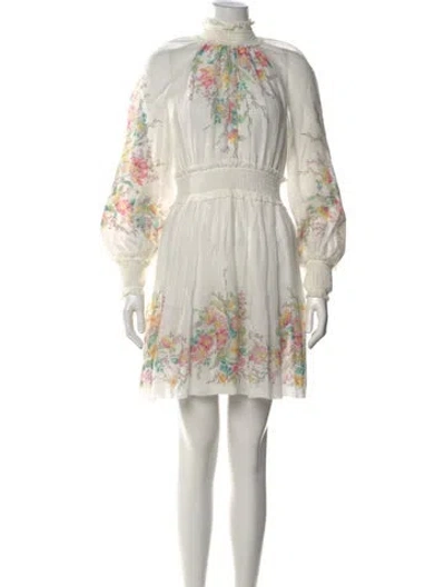 Pre-owned Zimmermann Zinnia Shirred Floral-print Mini Dress In White