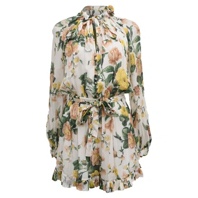 Zimmermann Zippy Belted Tie-neck Chiffon Playsuit In Floral Print Viscose In Multi