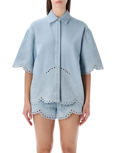 Zimmermann Womens Ice Storm Daylight Embroidered Denim Shirt Xs In Blue