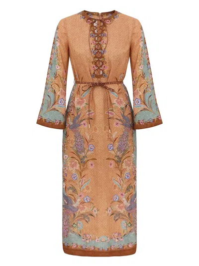 Zimmermann -style Linen Tie-front Mini Dress With Detachable Belt, Gold-tone Details, Side Slits (siz In Beige