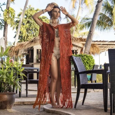 Pre-owned Zinnia Pearl Handmade Hand Crochet Darlington Kimono Duster Cardigan Festival Beach Coverup In Rust