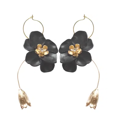 Ziolla Designs Women's Black / Gold Black Flower Drop Earrings With Gold Bell Flower Charms In Multi
