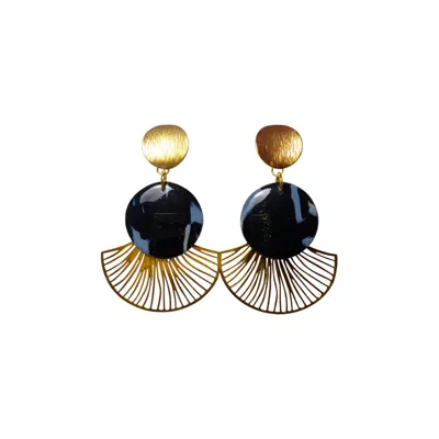 Ziolla Designs Women's Blue / White / Black Black And Gold Art Deco Statement Earrings – Geometric Fan Drop Earring In Multi