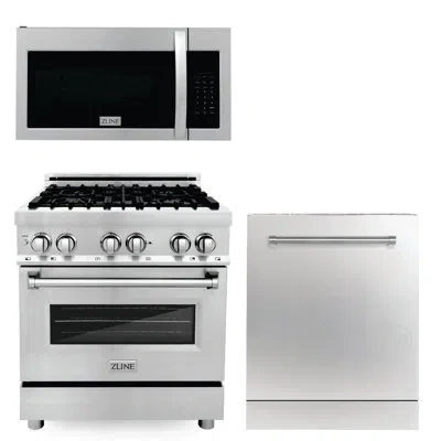 Zline 30" Stainless Steel Dual Fuel Range, Over The Range Microwave Oven, And Dishwasher