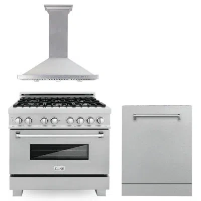 Zline 36" Durasnow Dual Fuel Range, Range Hood And Dishwasher