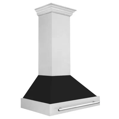 Zline 36 In. Satin Stainless Steel Wall Mount Range Hood With Shell And Stainless Steel Handle In Satin Stainless Steel,black Matte