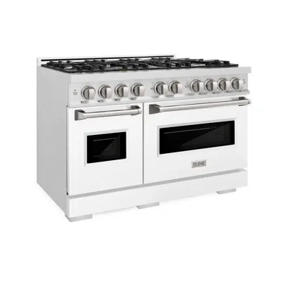 Zline 48 In. 6.7 Cu. Ft. Classic Double Oven Gas Range With 8 Burner Cooktop In Satin Stainless Steel With In Stainless Steel,white Matte