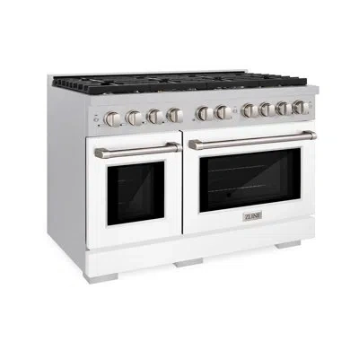 Zline 48 In. 6.7 Cu. Ft. Paramount Double Oven Dual Fuel Range With 8 Burner Gas Cooktop In Satin Stainles In White Matte