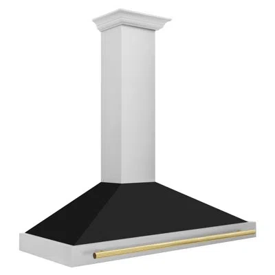 Zline 48 In. Autograph Edition Convertible Stainless Steel Range Hood With Black Matte Shell And Handle In Black Matte,polished Gold