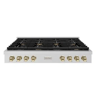 Zline 48 In. Autograph Edition Paramount Gas Rangetop With 8 Burners And Porcelain Cooktop In Stainless St In Polished Gold