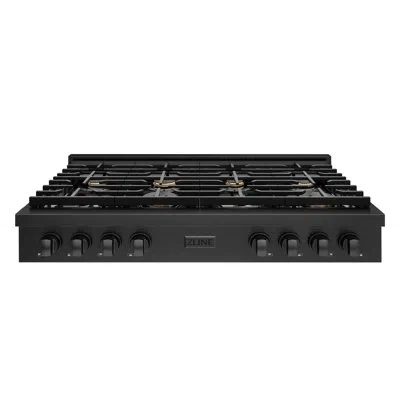 Zline 48 In. Paramount Gas Rangetop With 8 Brass Burners And Porcelain Cooktop In Black Stainless Steel (s In Black Stainless,brass Burners
