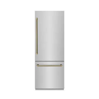 Zline Autograph 30 In. 16.1 Cu. Ft. Built-in Bottom Freezer Refrigerator With Water Dispenser And Ice Make In Gold