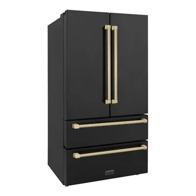 Zline Autograph 36 In. Counter-depth Refrigerator In Black Steel With Handles In Champagne Bronze