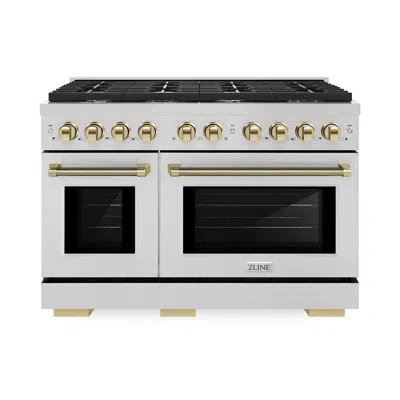 Zline Autograph 48 In. 6.7 Cu. Ft. Paramount Double Oven Dual Fuel Range With 8 Burner Gas Cooktop In Stai In Polished Gold