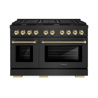 Zline Autograph 48 In. 6.7 Cu. Ft. Paramount Double Oven Gas Range With 8 Burner Cooktop In Black Stainles In Polished Gold