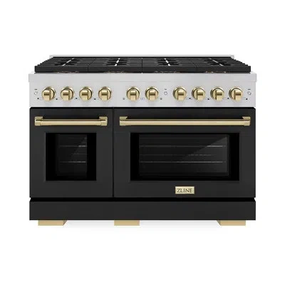 Zline Autograph 48 In. 6.7 Cu. Ft. Paramount Dual Fuel Range With 8 Burner Duopro™ Cooktop And Dual Ovens  In Black Matte,polished Gold
