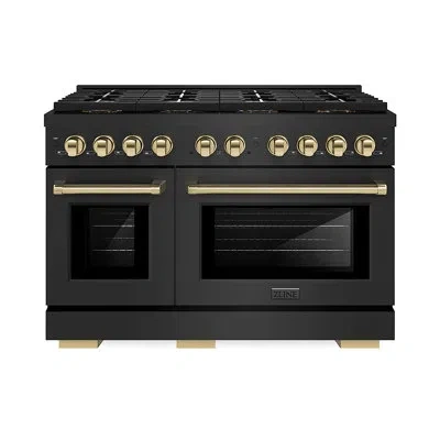 Zline Autograph 48 In. 6.7 Cu. Ft. Paramount Range With 8 Burner Duopro™ Cooktop And Dual Ovens In Black S In Polished Gold