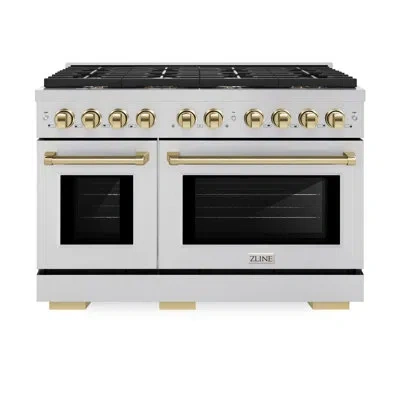 Zline Autograph 48" Paramount Double Oven Dual Fuel Range W/ Accents In Stainless Steel,polished Gold