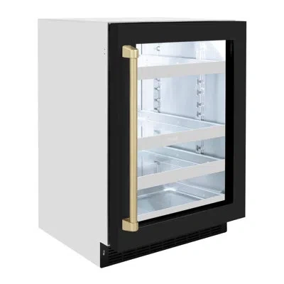 Zline Autograph Edition 24 In. Touchstone Dual Zone 44 Bottle Wine Cooler With Black Matte Glass Door And  In Black Matte,champagne Bronze