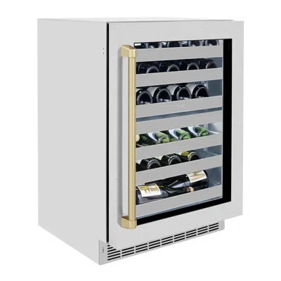 Zline Autograph Edition 24 In. Touchstone Dual Zone 44 Bottle Wine Cooler With Satin Stainless Steel Glass In Satin Stainless Steel,champagne Bronze