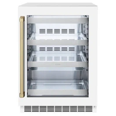 Zline Autograph Edition 24 In. Touchstone Dual Zone 44 Bottle Wine Cooler With White Matte Glass Door And  In White Matte,champagne Bronze