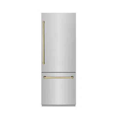 Zline Autograph Edition 30 In. 16.1 Cu. Ft. Built-in Bottom Freezer Refrigerator With Water Dispenser And  In Stainless Steel,gold