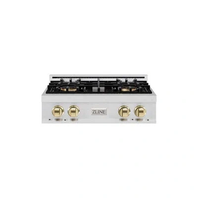 Zline Autograph Edition 30 In. Classic Gas Rangetop With 4 Burner Duopro™ Cooktop And Accents In Polished Gold,satin Stainless Steel